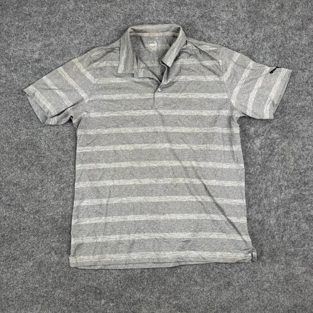 Puma Polo Mens Size L Gray Striped Short Sleeve Athletic Golf Shirt Breathable